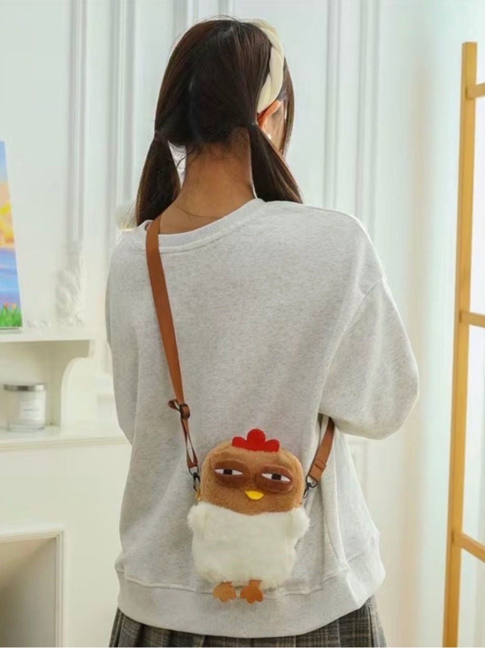 Plush Chicken Crossbody Bag - White & Brown